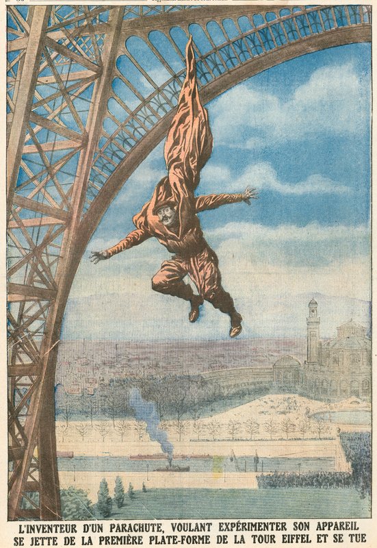 Oppfinneren av en fallskjerm hopper fra Eiffeltårnet av French School