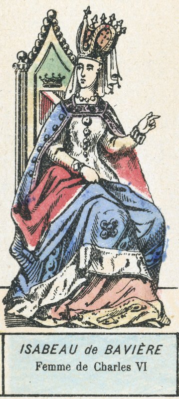Isabella av Bayern, kone til Charles VI (farget gravering) av French School