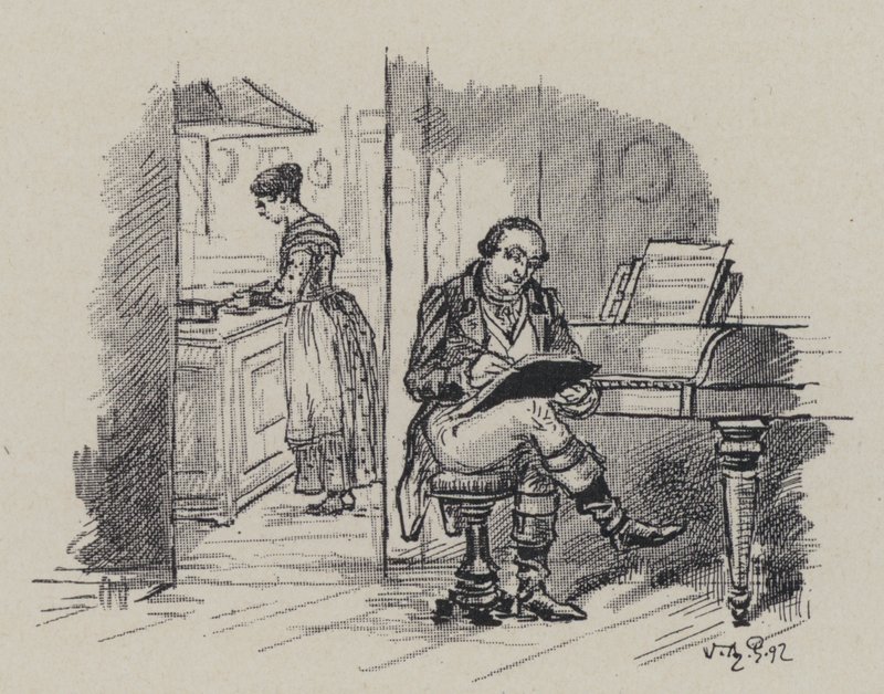 Den italienske komponisten Gioachino Rossini komponerer hjemme (gravering) av French School