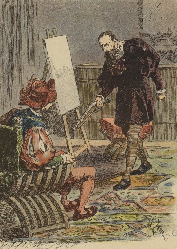 Den italienske maleren Tintoretto nærmer seg Pietro Aretino, bevæpnet med en pistol, for å ta målene for portrettet hans av French School