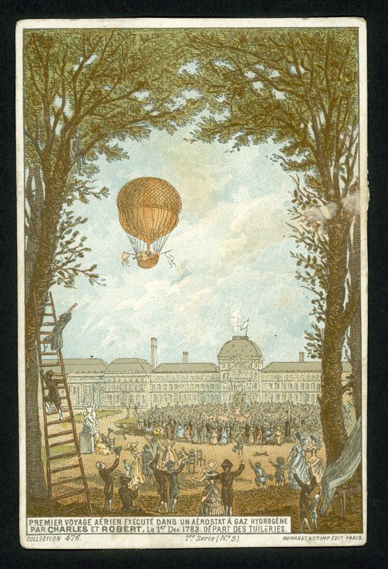 Jacques Charles og Marie-Noel Robert gjorde den første oppstigningen i en hydrogenballong, Paris, 1. desember 1783 av French School