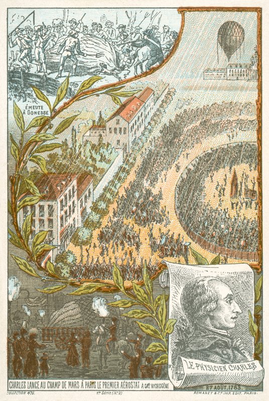 Jacques Charles lanserer den første hydrogenballongen fra Champ de Mars, Paris, 27. august av French School