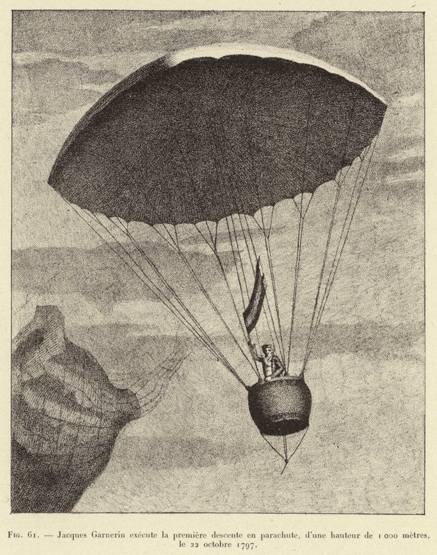 Jacques Garnerin utfører den første nedstigningen med fallskjerm, fra en høyde på 1000 meter, 22. oktober 1797 av French School