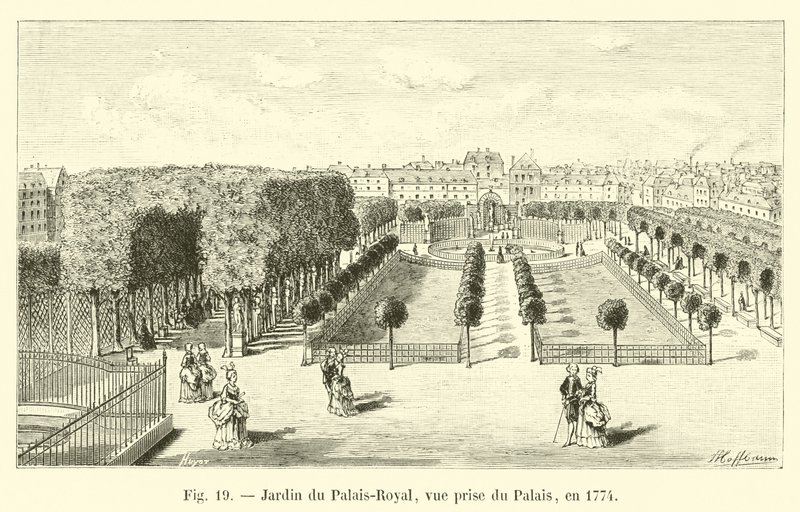 Garden of the Palais-Royal, utsikt tatt fra palasset, i 1774 av French School