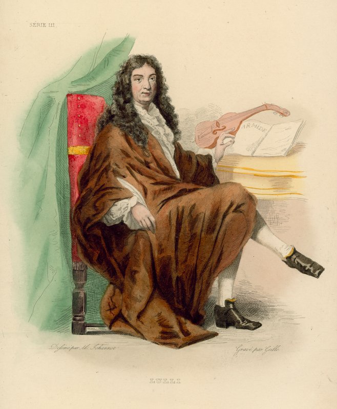 Jean-Baptiste Lulli (farget gravering) av French School