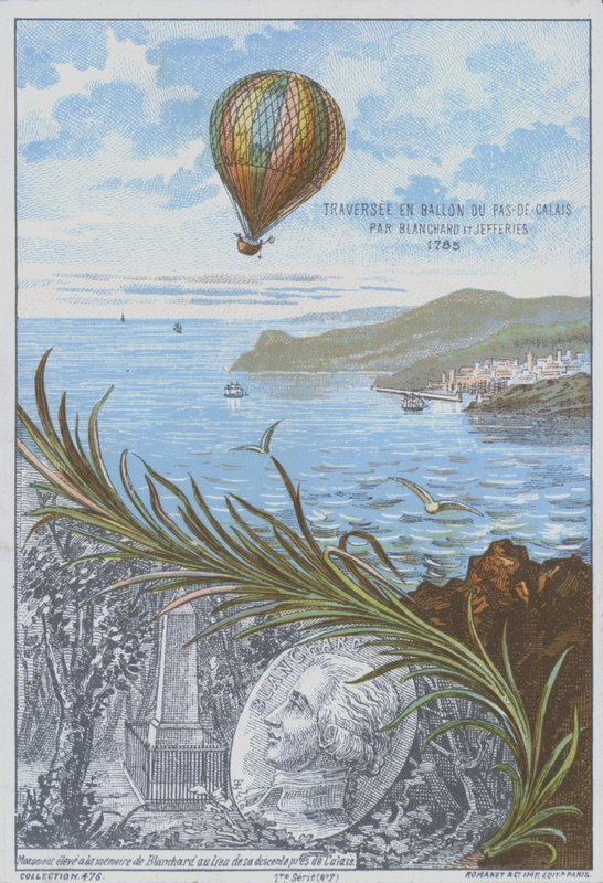Jean-Pierre Blanchard og John Jeffries foretok den første ballongflukten over Den engelske kanal, 7. januar 1785 (farge litho) av French School