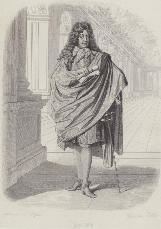 Jean Racine , fransk dramatiker, i Speilsalen i Versailles (gravering) av French School