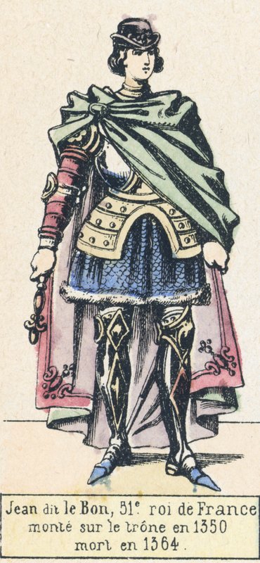 Jean dit le Bon, 51. konge av Frankrike, besteg tronen i 1350, døde i 1364 (farget gravering) av French School