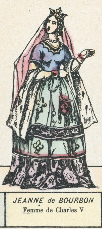 Jeanne de Bourbon, kone til Charles V (farget gravering) av French School