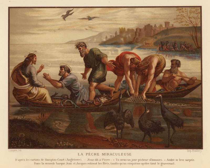 Jesus Kristus og det mirakuløse trekk av fisk (chromolitho) av French School