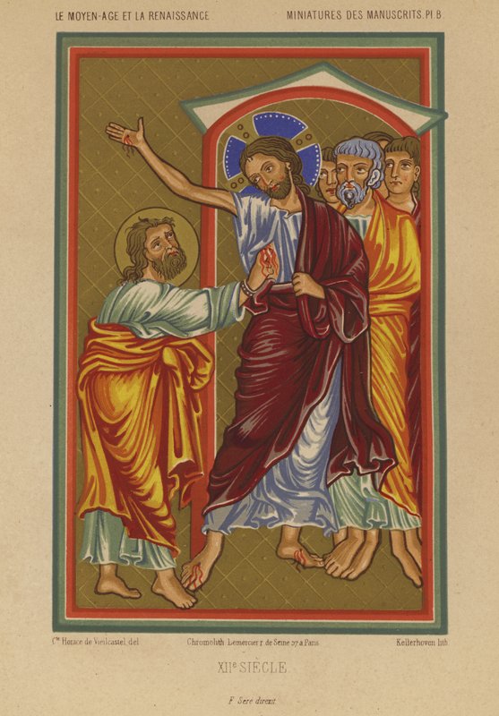 Jesus Kristus bærer sårene fra korsfestelsen (chromolitho) av French School