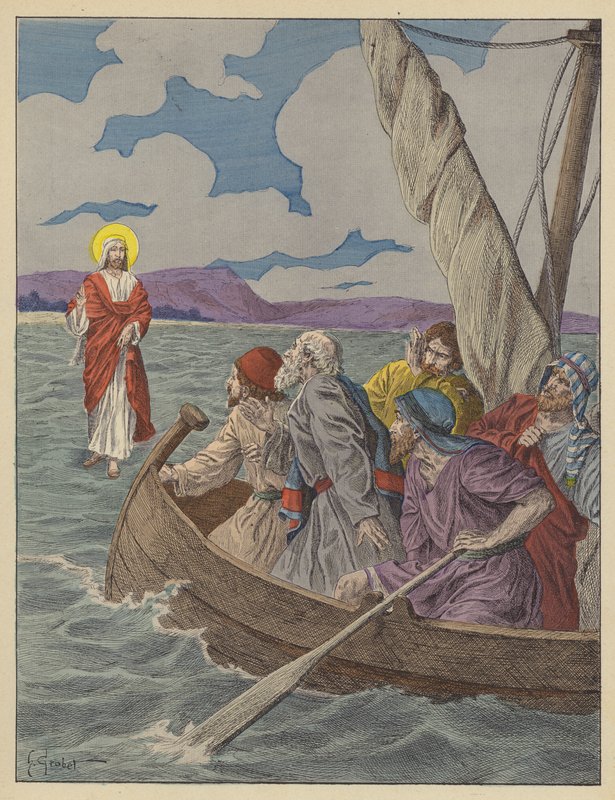 Jesus Kristus vandrer på vannet (fargelitografi) av French School
