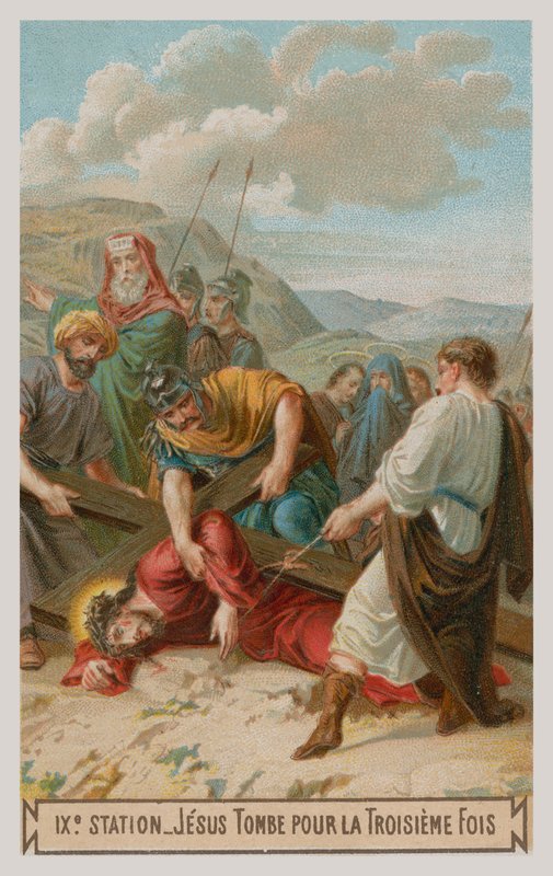Jesus faller for tredje gang. Den niende korsstasjonen av French School
