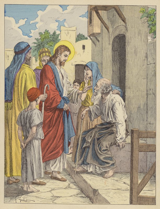 Jesus helbreder den blinde mannen (fargelitografi) av French School