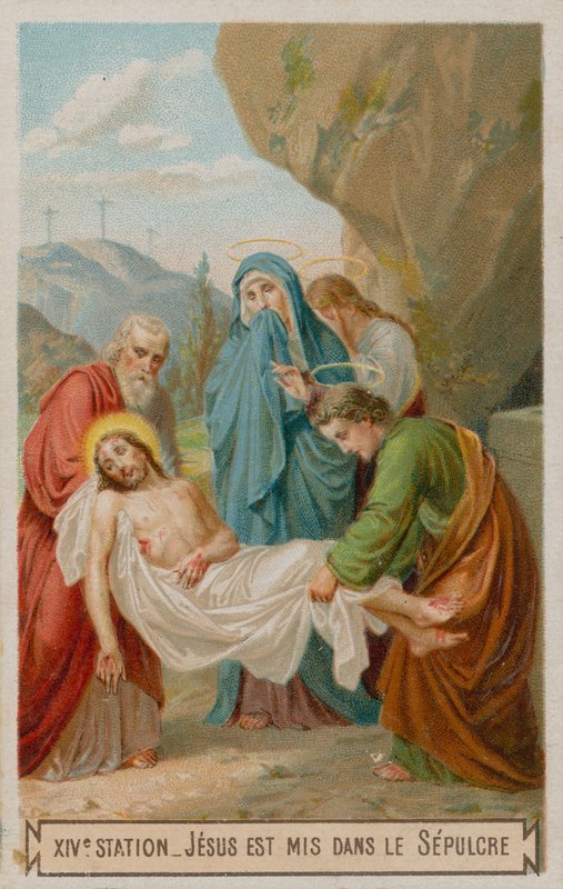 Jesus blir lagt i graven. Den fjortende korsstasjonen av French School
