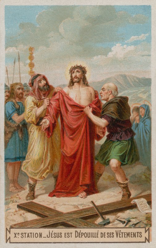 Jesus blir tatt av klærne sine. Den tiende korsstasjonen av French School