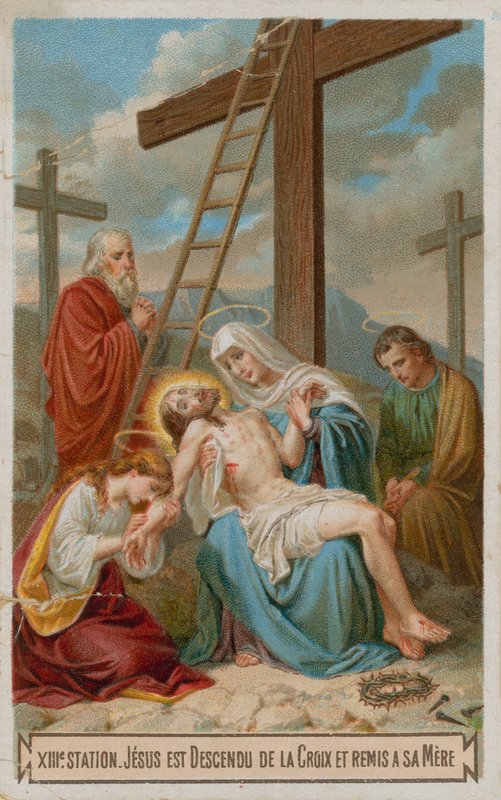 Jesus blir tatt ned fra korset og gitt tilbake til sin mor. Den trettende korsstasjonen av French School