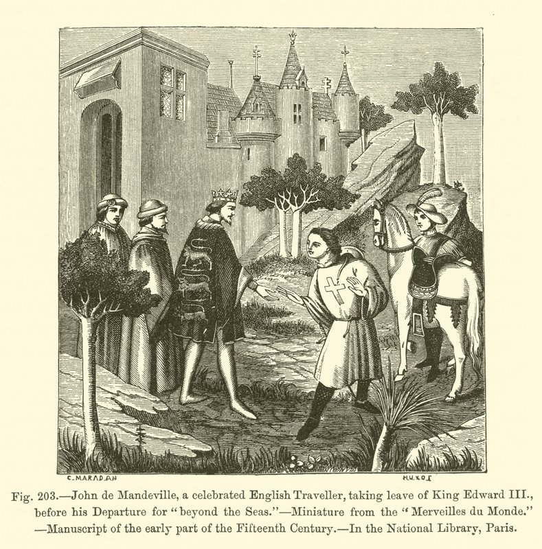 John de Mandeville, en berømt engelsk reisende, tok avskjed med kong Edward III, før hans avgang for "beyond the Seas" (gravering) av French School