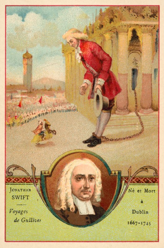Jonathan Swift, irsk forfatter, og en scene fra romanen hans Gulliver