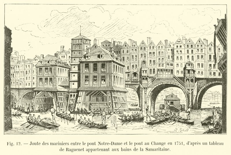 Sjømannsdyst mellom Notre-Dame-broen og Change-broen i 1751, etter et maleri av Raguenet som tilhører Samaritaine-badene av French School