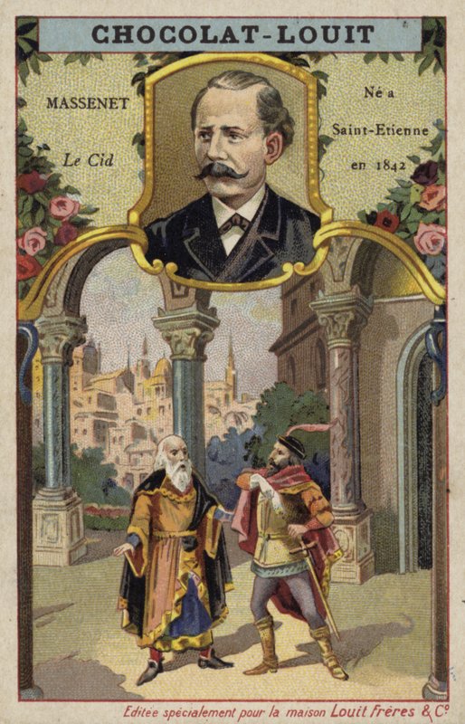 Jules Massenet, fransk komponist, og en scene fra operaen hans Le Cid (chromolitho) av French School