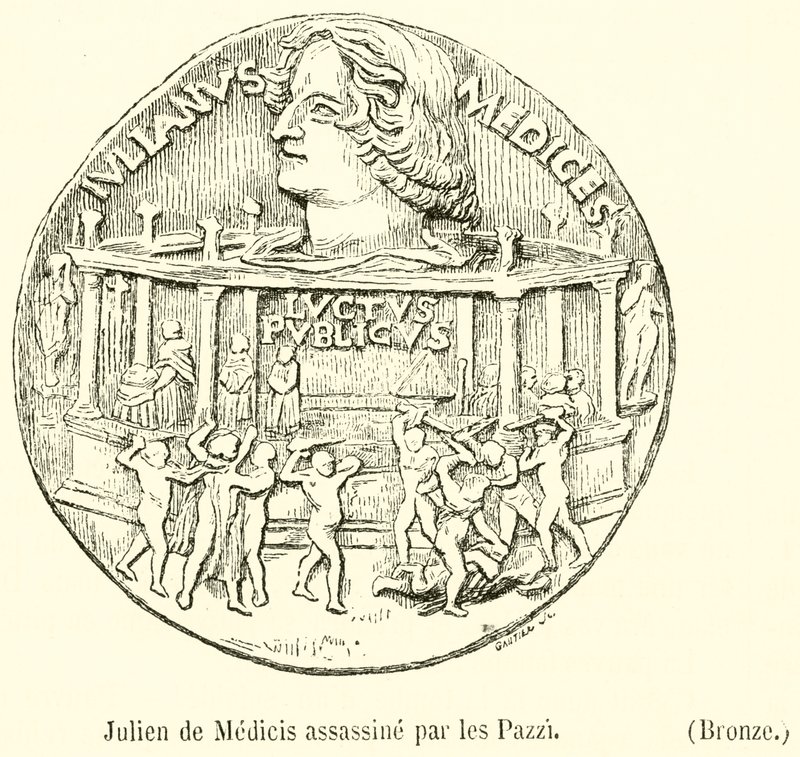 Giuliano de Medici myrdet av Pazzi, bronse (gravering) av French School