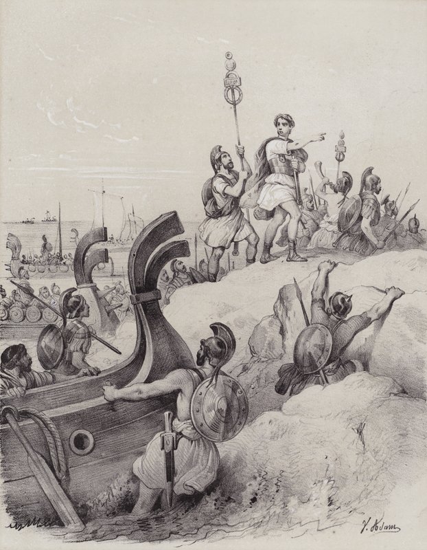 Julius Caesar og romerne lander i Kent i deres første invasjon av Storbritannia, 55 f.Kr. (litho) av French School