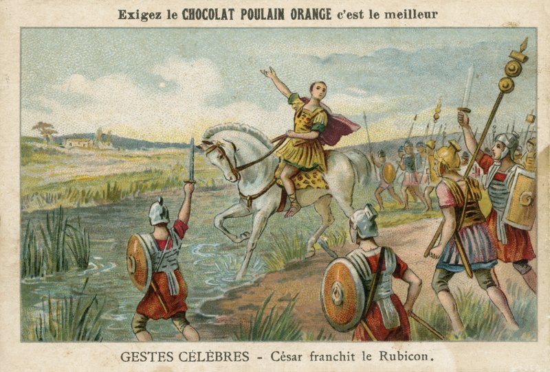 Julius Cæsar krysser Rubicon, 49 f.Kr av French School