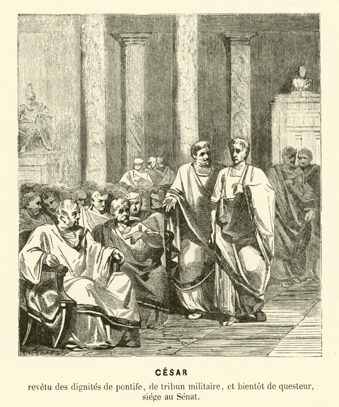 Julius Caesar i det romerske senatet (gravering) av French School