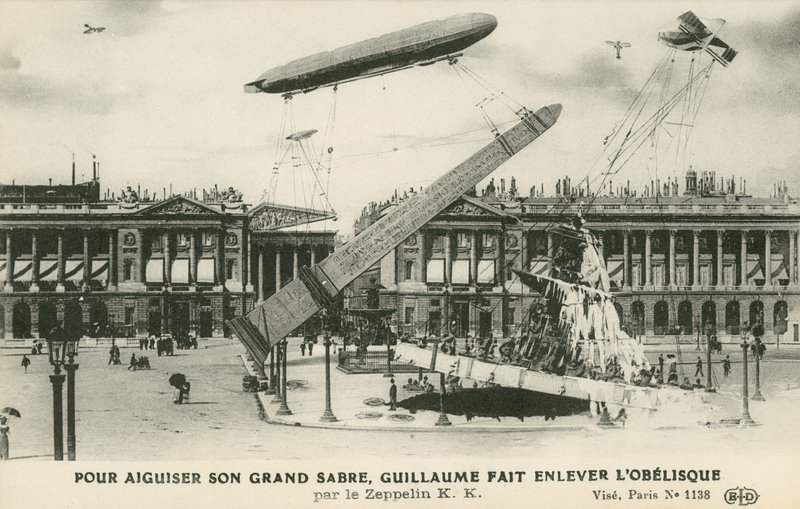 Kaiser Wilhelm II så for seg å fjerne obelisken fra Paris av Zeppelin (litho) av French School