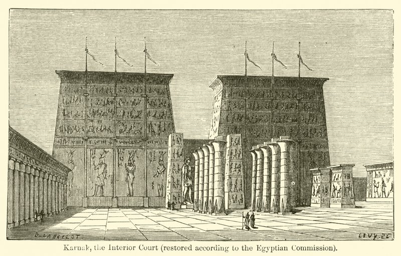 Karnak, den indre domstolen, restaurert i henhold til den egyptiske kommisjonen (gravering) av French School