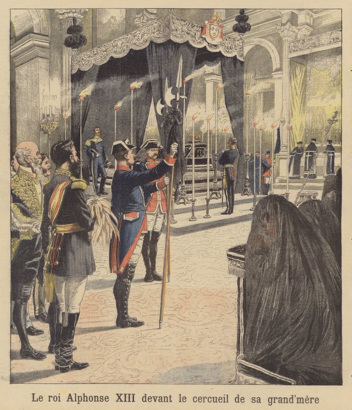 Kong Alfonso XIII av Spania foran kisten til bestemoren sin, dronning Isabella II (fargelitografi) av French School