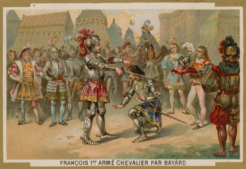 Kong Charles I av Frankrike slått til ridder av Chevalier de Bayard etter slaget ved Marignano, 1515 av French School