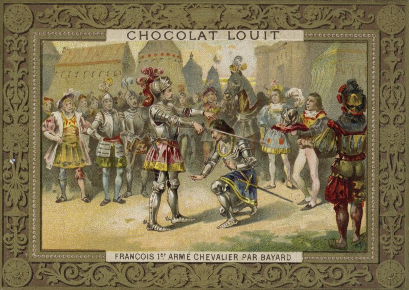 Kong Charles I av Frankrike slått til ridder av Chevalier de Bayard etter slaget ved Marignano, 1515 av French School
