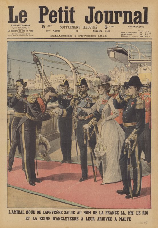 Kong George V og Queen Mary på Malta (farge litho) av French School