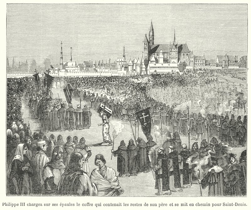 Kong Filip III av Frankrike bærer beinene til sin far, Ludvig IX, til sin begravelse i Basilica of St Denis, Paris av French School