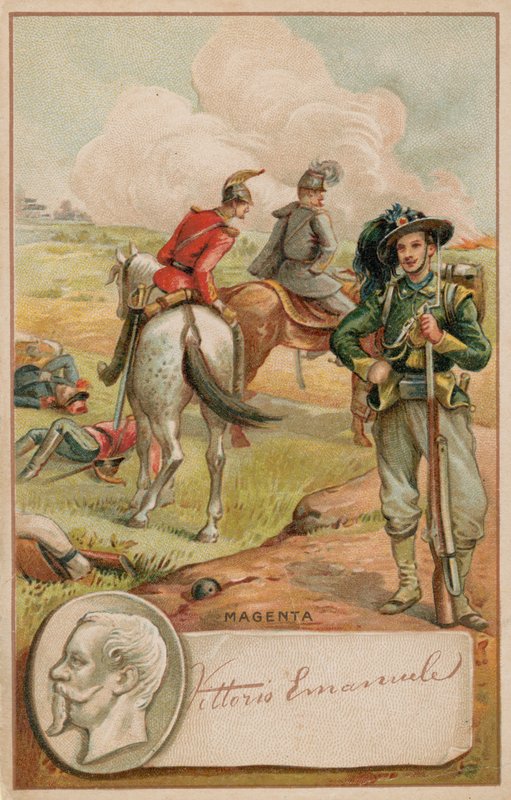 Kong Victor Emmanuel av Italia og slagmarken Magenta av French School