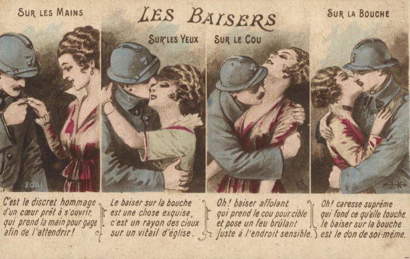 Kyssende par (farge litho) av French School