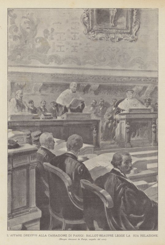 Dreyfus-affæren ved Paris-kassasjonen leser Ballot-Beaupre sin rapport (litho) av French School