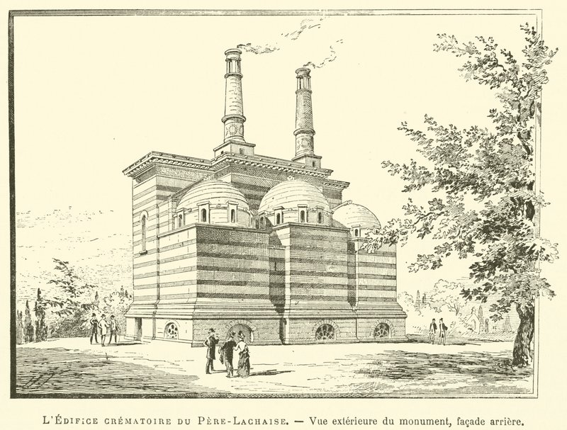 Pere-Lachaise Crematory Building, utvendig utsikt over monumentet, bakre fasade (gravering) av French School