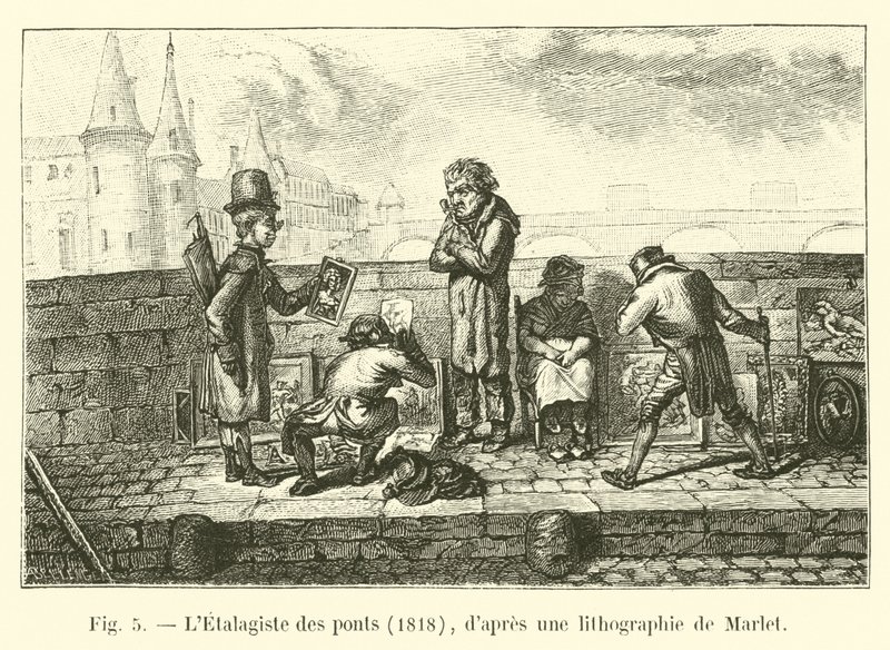 Etalagiste des ponts, 1818, etter en litografi av Marlet av French School