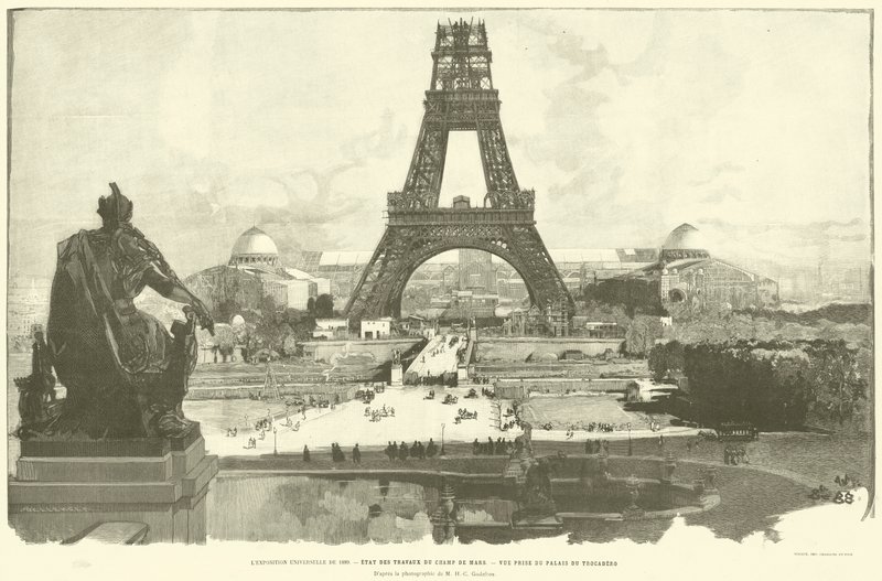 Verdensutstillingen i 1889, tilstanden til Champ de Mars-verkene, utsikt tatt fra Trocadero-palasset, ifølge fotografiet av MH-C Godefroy (gravering) av French School