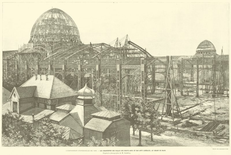 Verdensutstillingen fra 1889, The Frameworks of the Palace of Fine Arts and Liberal Arts, på Champ de Mars, ifølge fotografiet av M Godefroy (gravering) av French School
