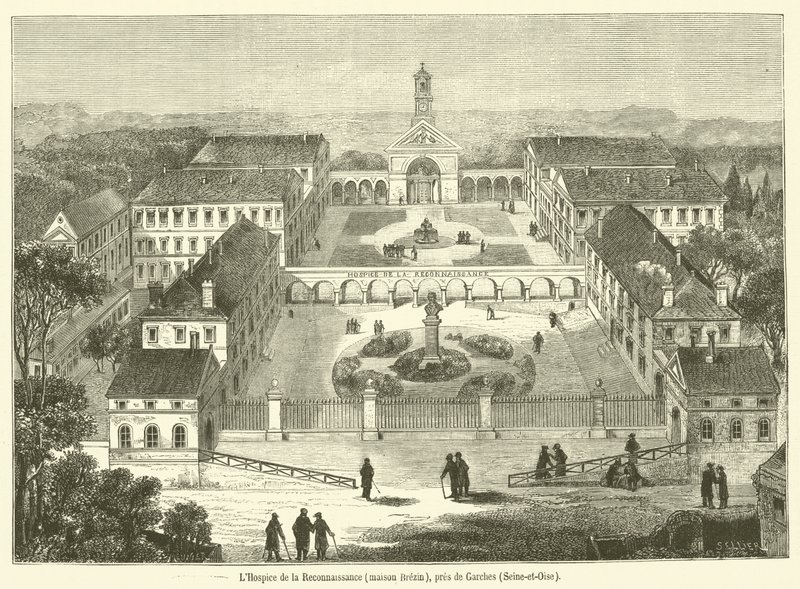 Hospice de la Reconnaissance, Brezin-huset, nær Garches, Seine-et-Oise (gravering) av French School