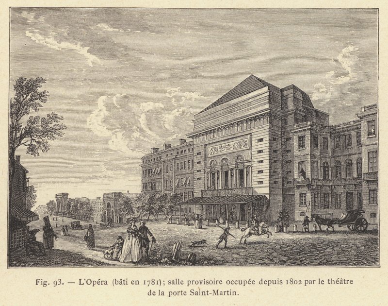 Operaen, bygget i 1781, midlertidig rom okkupert siden 1802 av teatret ved Porte Saint-Martin (gravering) av French School