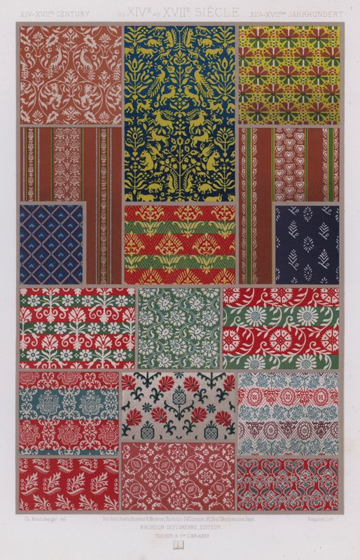 The Ornament of Stoffer: XIV-XVIIth Century, fra XIVth til XVIIth Century, XIV-XVIItes Jahrhundert (farge litho) av French School