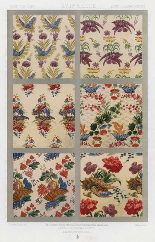 The Ornament of Fabrics: XVIIIth Century, XVIIIe Siecle, XVIIItes Jahrhundert (color litho) av French School