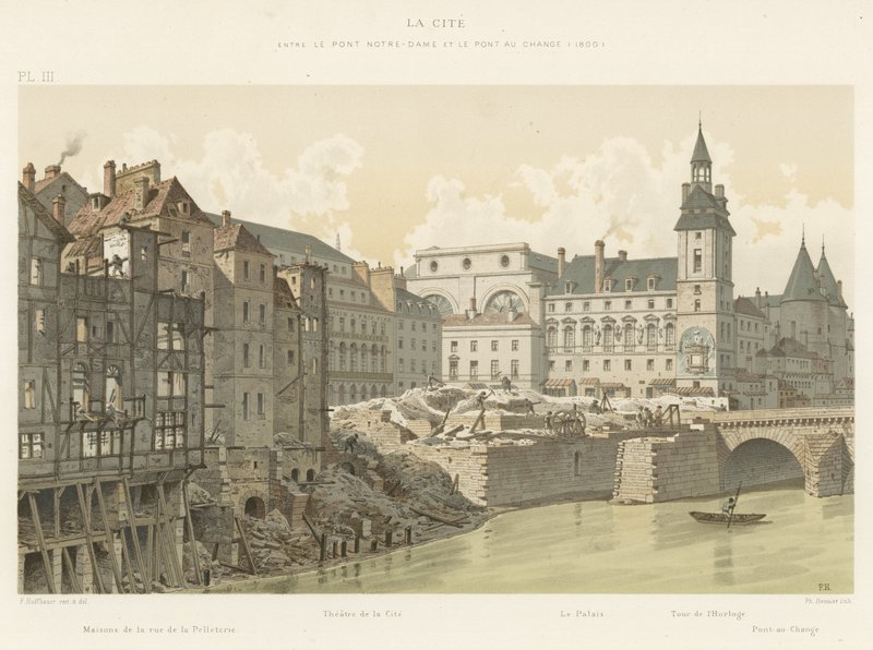 La Cite, mellom Pont Notre-Dame og Pont au Change, 1800 av French School