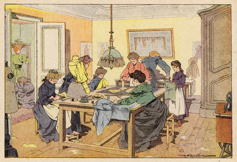 La Couturiere, The Couturier (farge litho) av French School