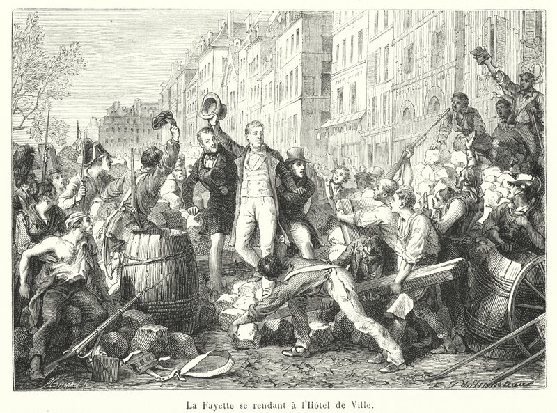La Fayette skal til Hotel de Ville (gravering) av French School